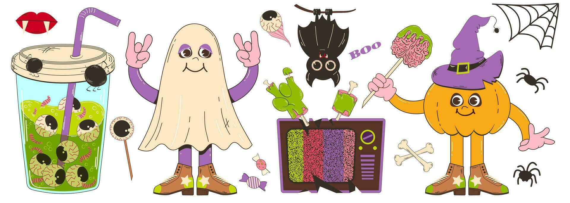 Set of elements for Halloween in retro cartoon style. Vector character illustration of pumpkin, ghost, zombie hand, TV, soda with eyes, bat mouse and other elements.