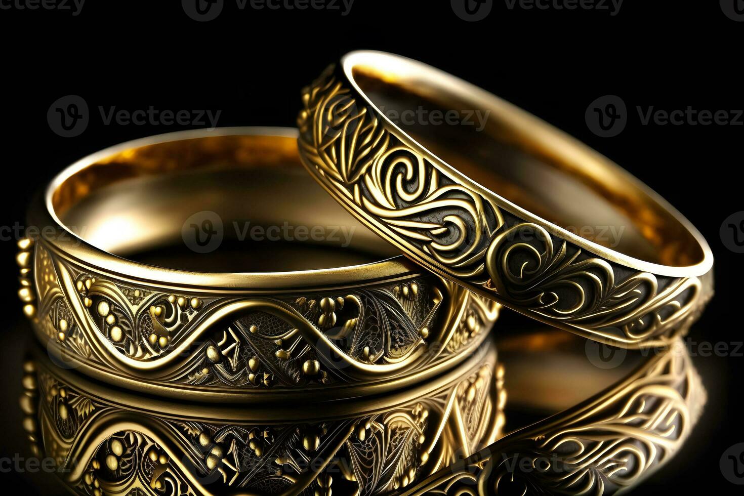 original oro Boda anillos en un oscuro antecedentes. neural red ai generado foto