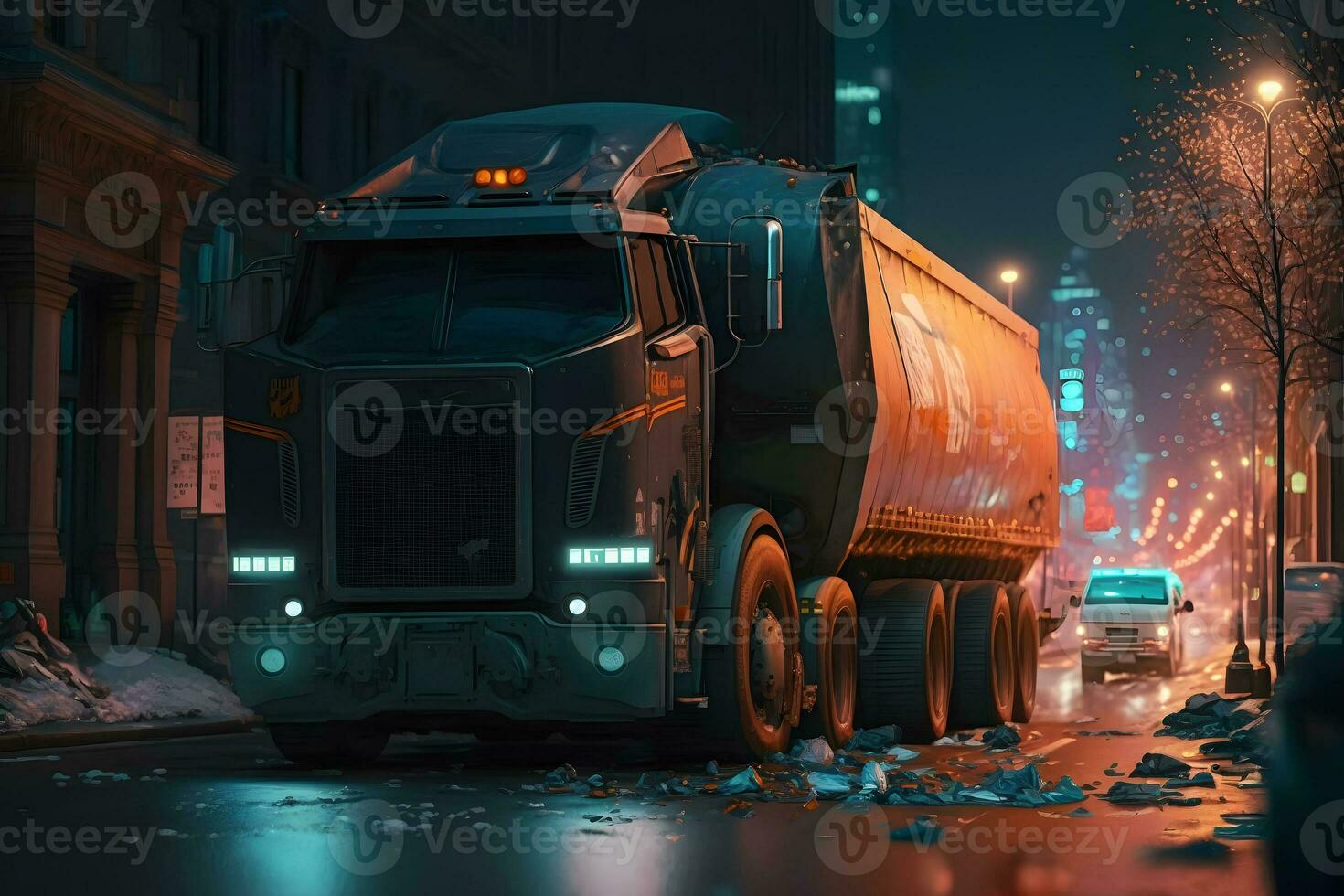 Garbage truck in the night city. Neural network AI generated photo