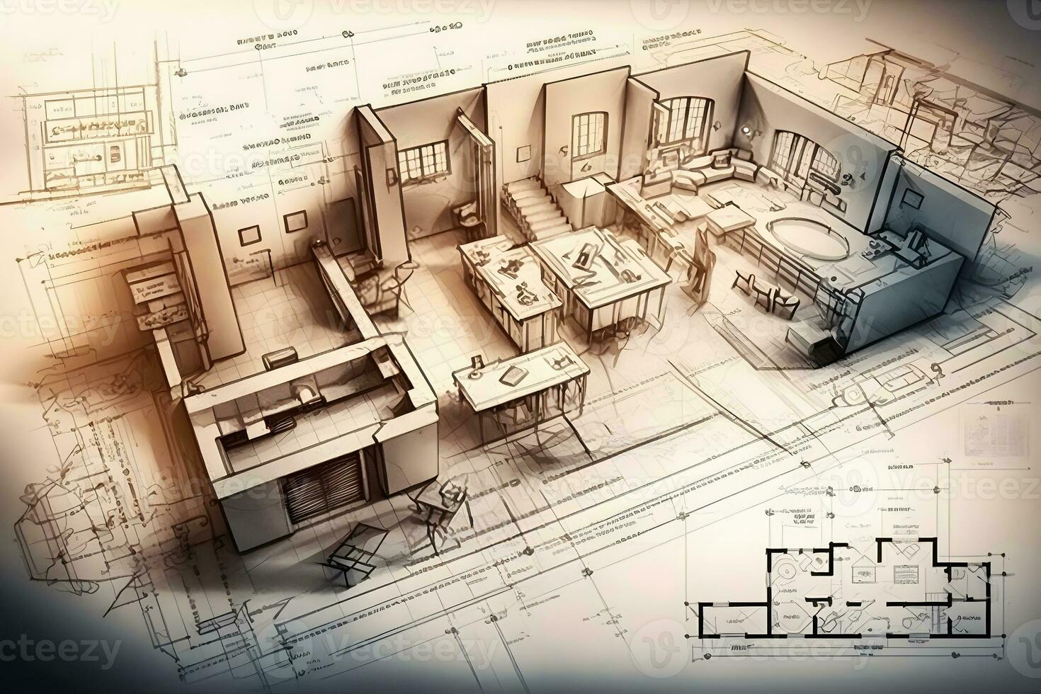 architects model house with plan and blueprints. Neural network AI generated photo