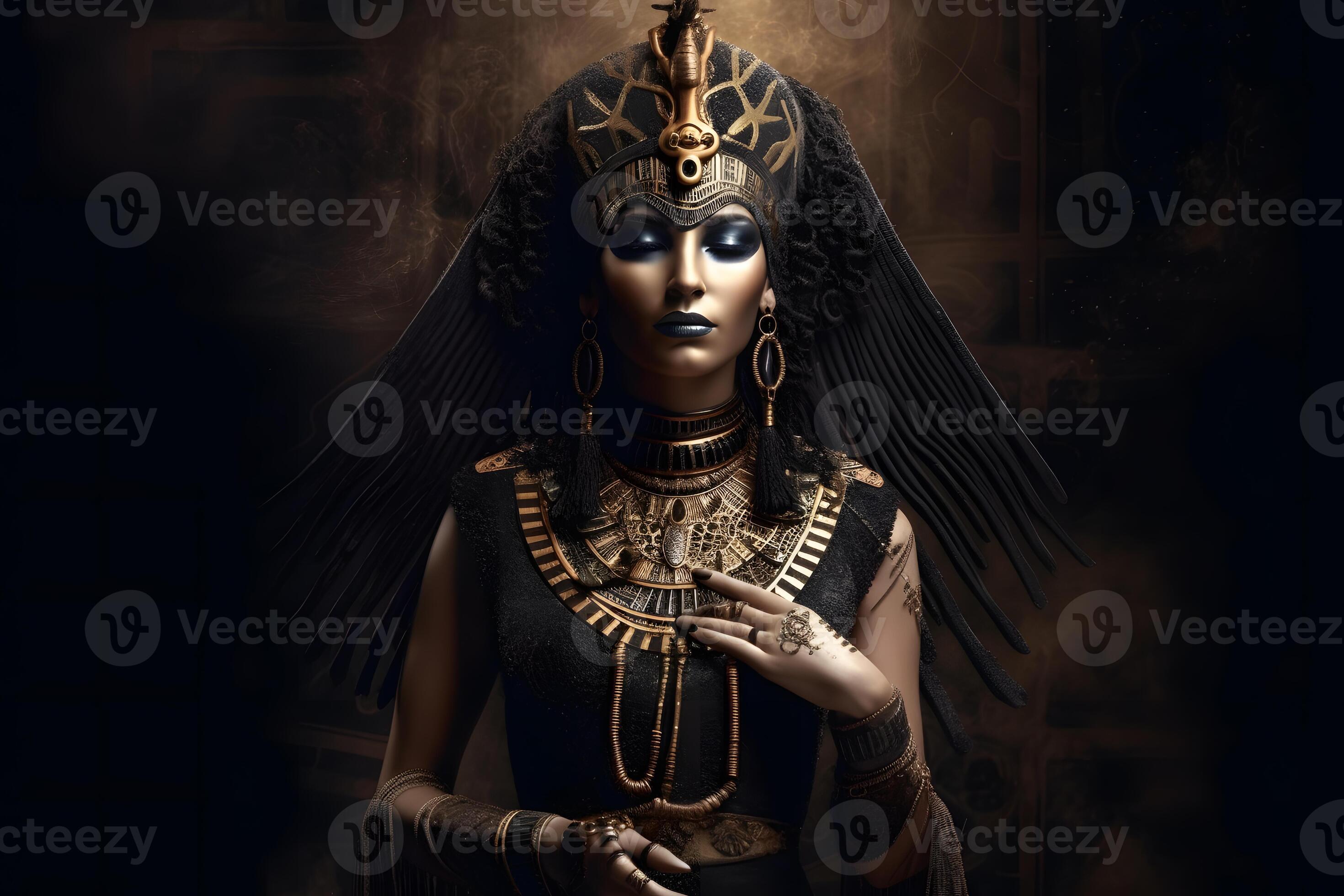 Egyptian goddess on black background. Neural network AI generated