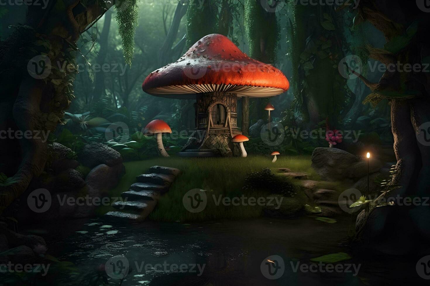 Fantastic world of mushrooms. Neural network AI generated photo