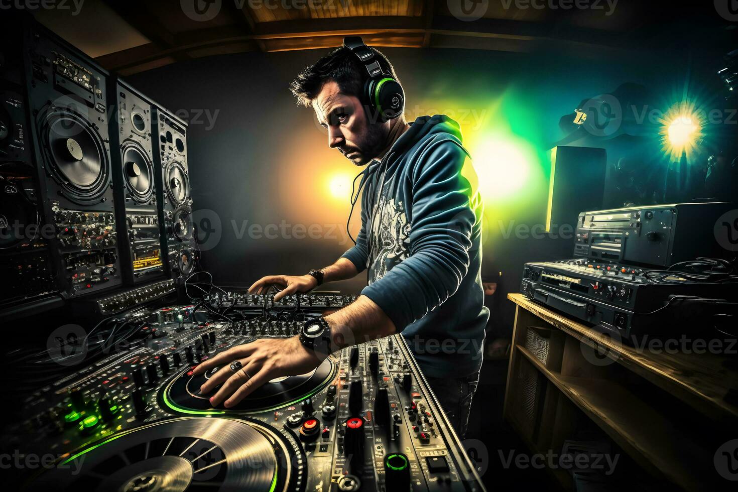 Charismatic disc jockey at the turntable. Neural network AI generated