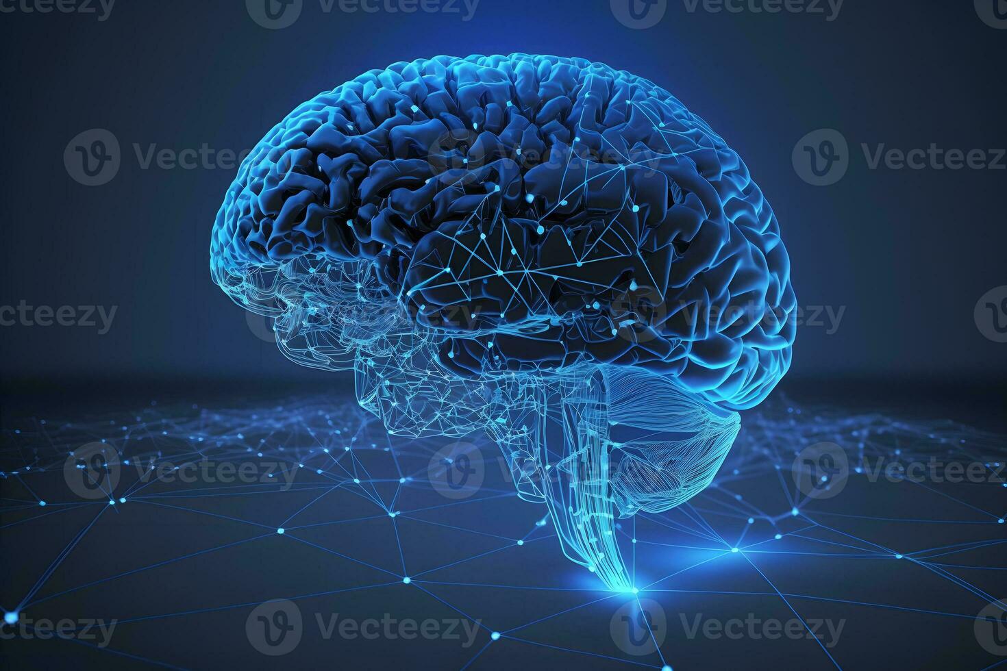 Human brain shape of an artificial intelligence with line dots on dark blue color background. Digital technology brain concept. Neural network AI generated photo