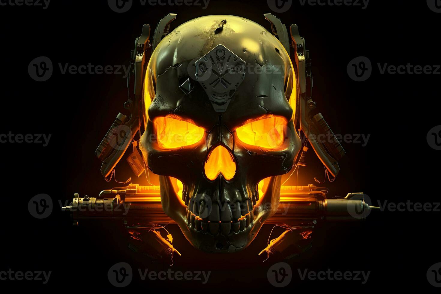 Yellow punk cyber human skull with weapon. Neural network AI generated photo