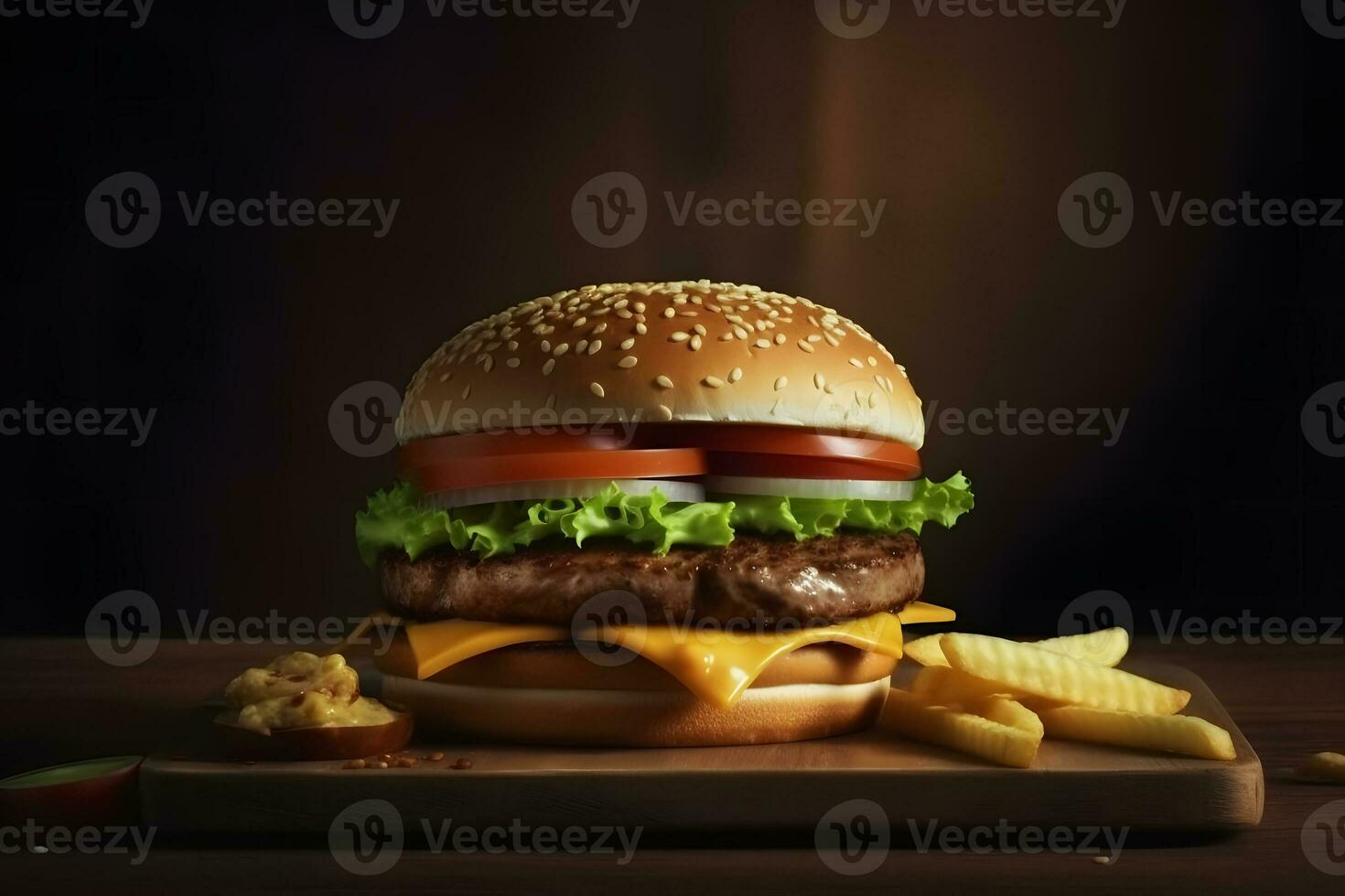 Craft beef burger and french fries on wooden table isolated on black background. Neural network AI generated photo