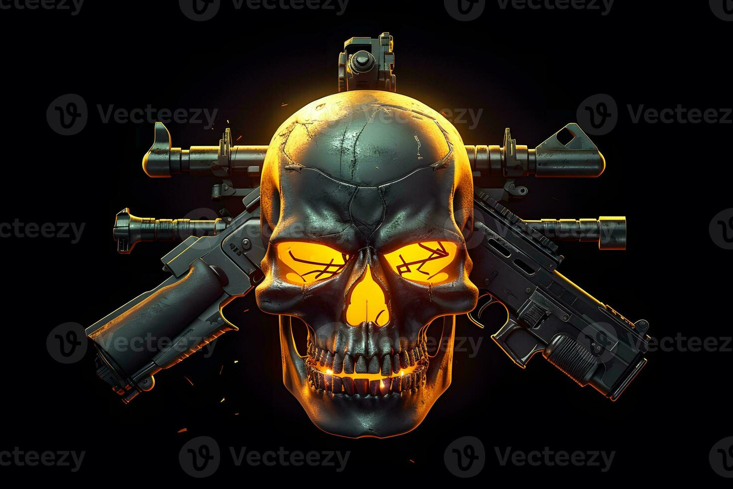 Yellow punk cyber human skull with weapon. Neural network AI generated photo