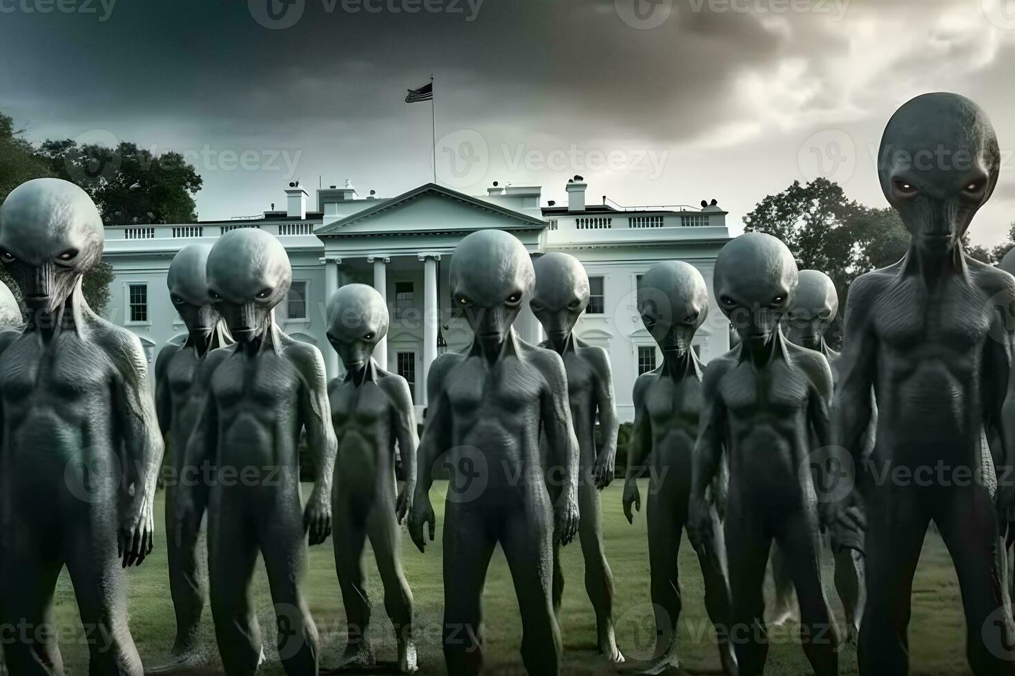 Aliens at the White House. Neural network AI generated photo