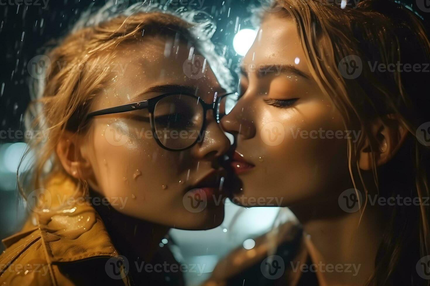 romántico joven adulto lesbiana hembra Pareja Beso neural red ai generado foto