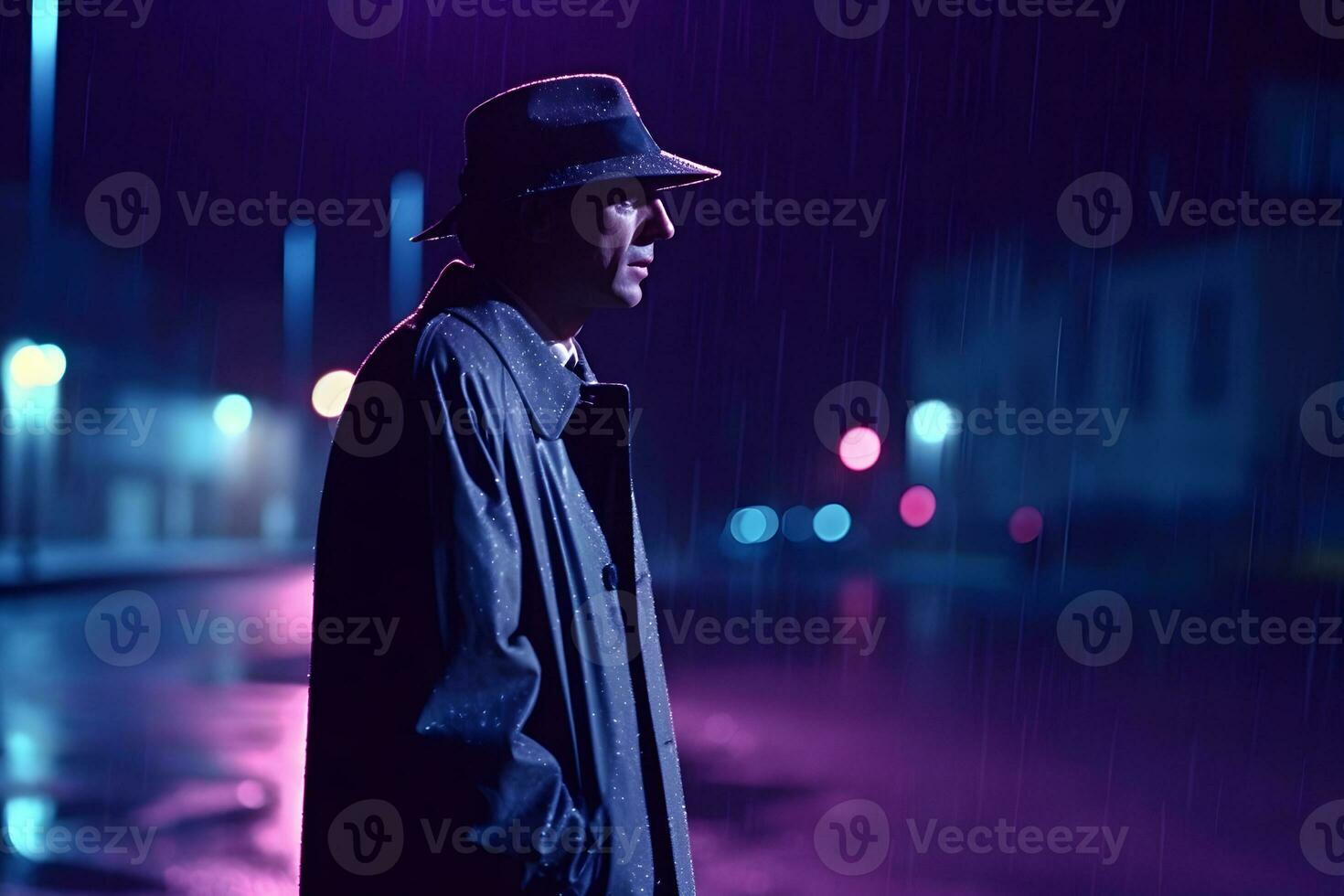 Detective in the rain in the night city. Neural network AI generated photo