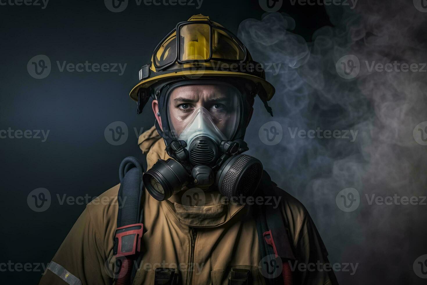 Close up portrait of face firefighter wearing protective uniform and an protective mask. Neural network AI generated photo