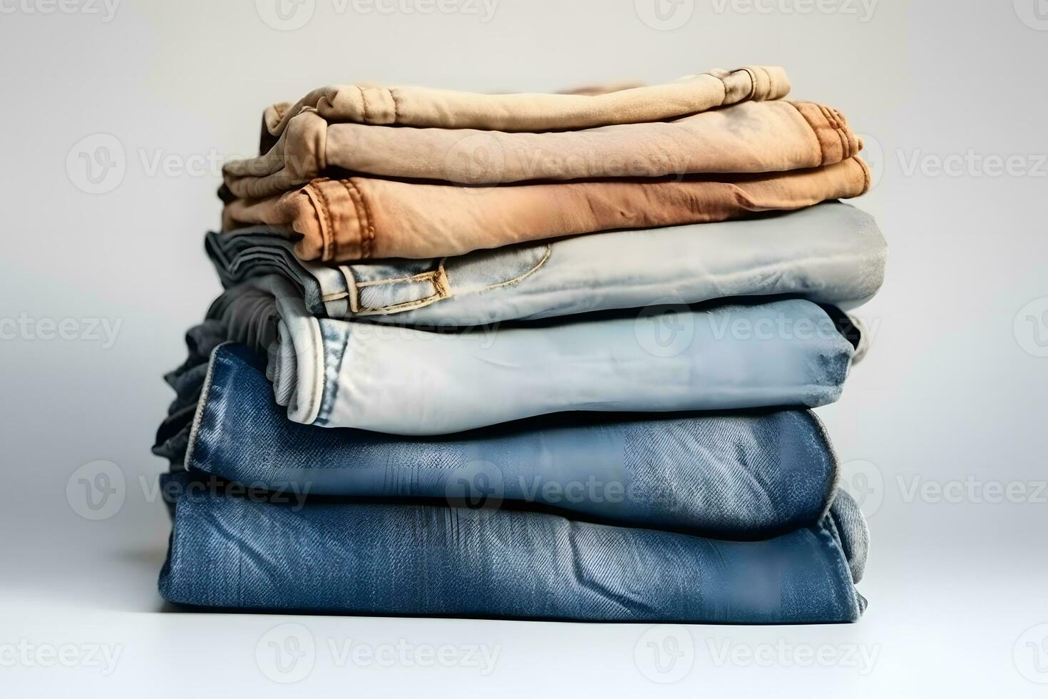 Jeans trousers stack on white background. Neural network AI generated photo