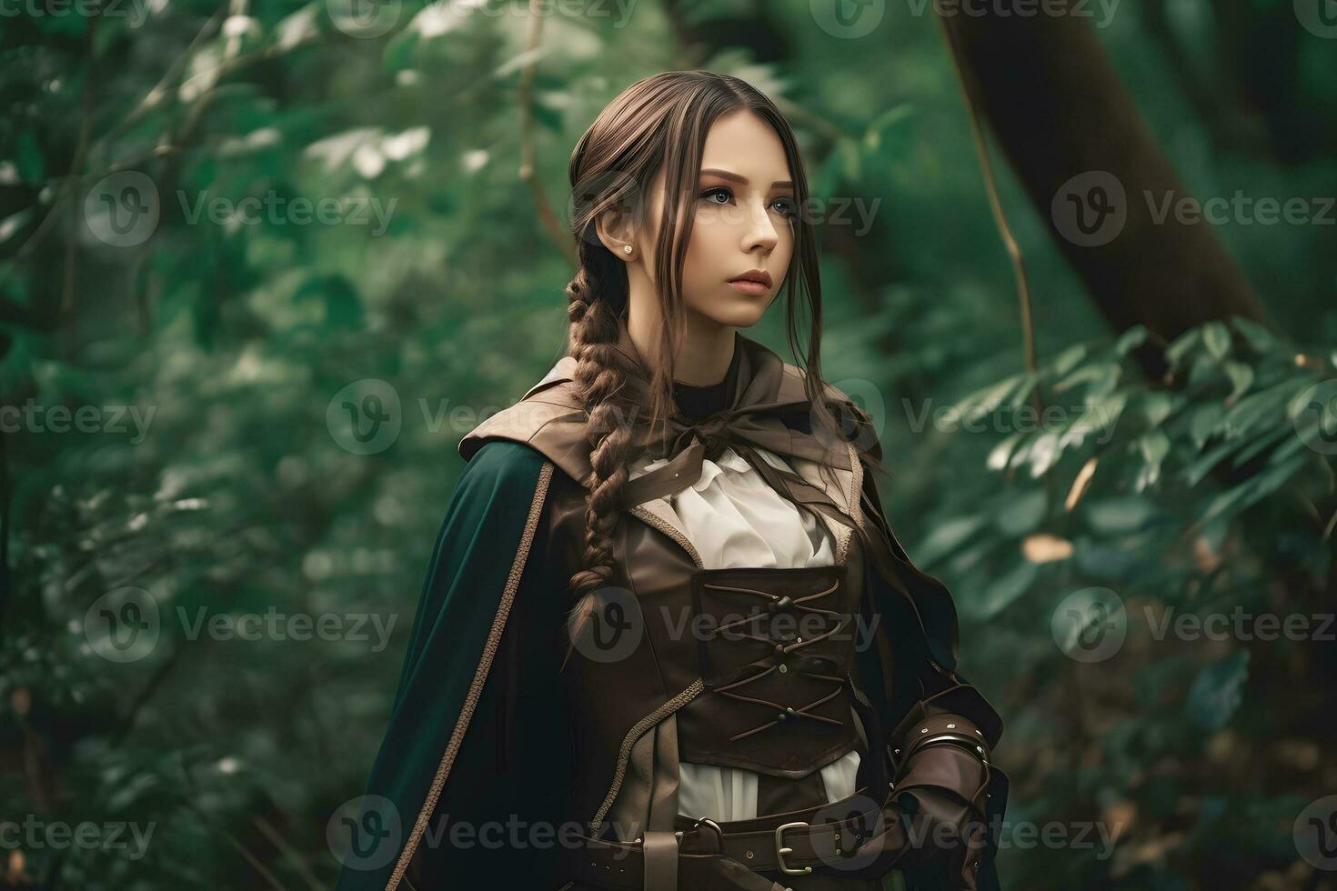 Medieval warrior girl in the forest. Neural network AI generated photo