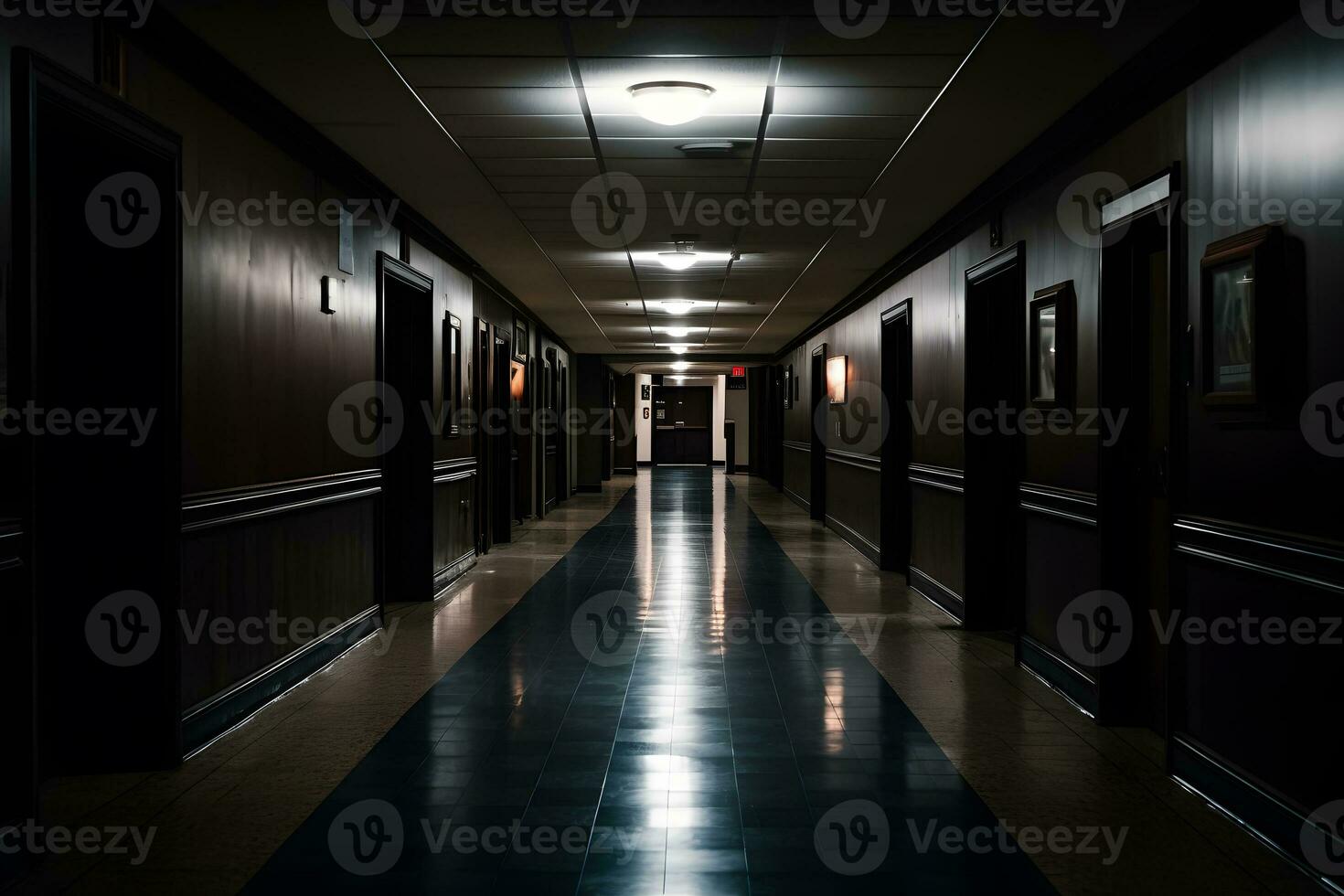 Dark corridor or hallway with many doors, vintage toned. Neural network AI generated photo