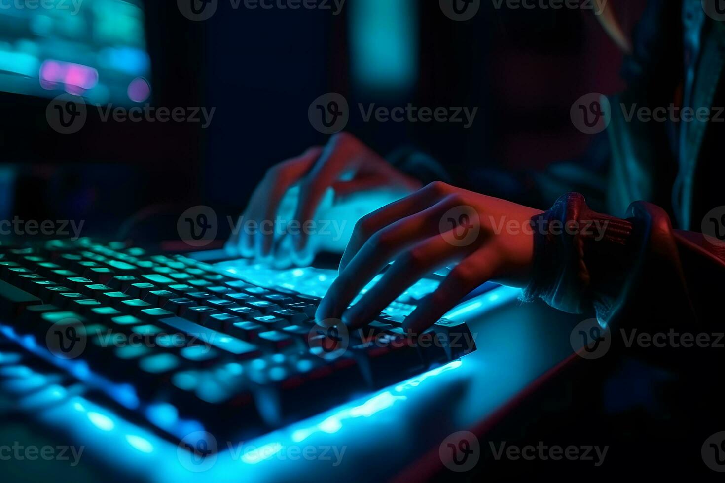Hacker uses keyboard, shakes buttons with fingers to crack password. Internet security concept, cyber attack. Neon blue color. Neural network AI generated photo