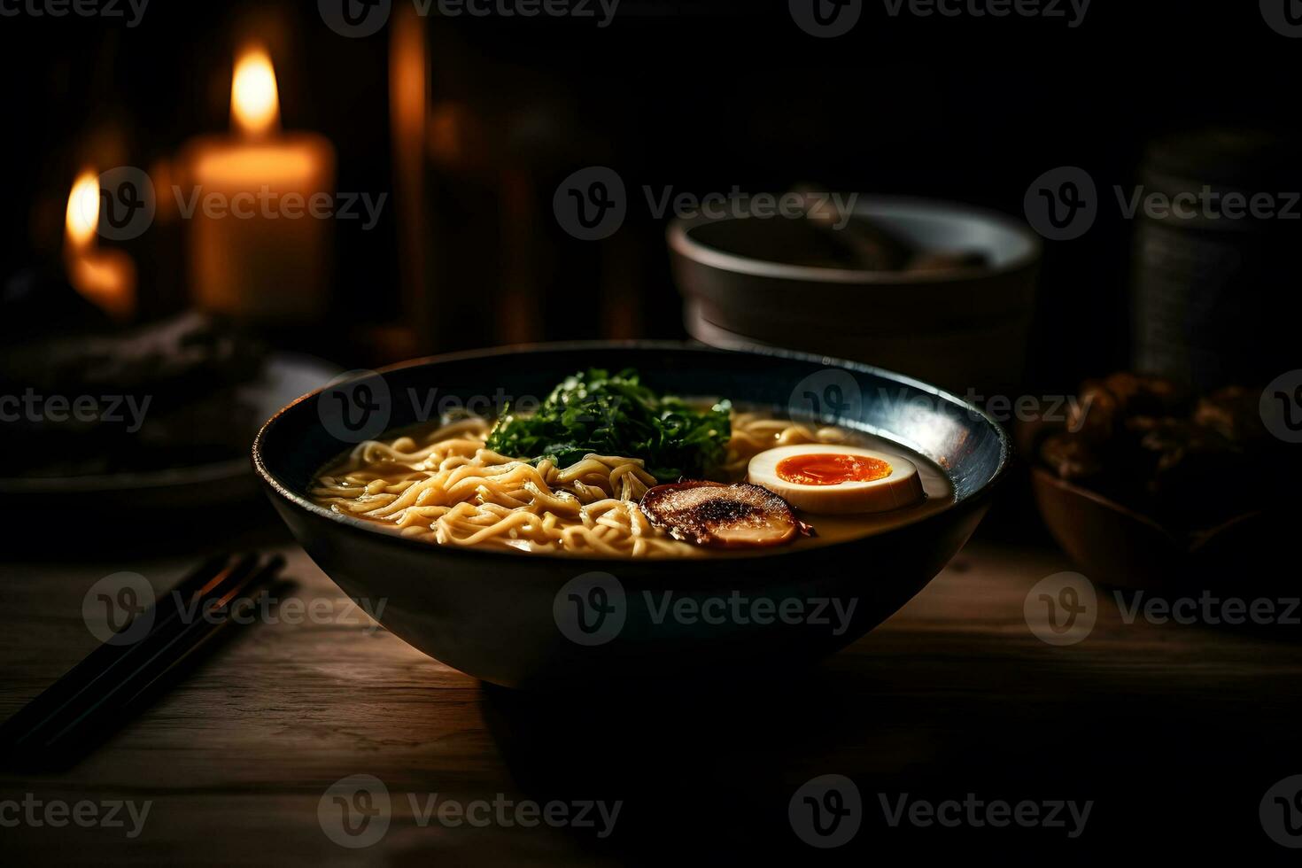Japanese ramen soup with chicken, egg, chives and sprout on dark wooden. Neural network AI generated photo