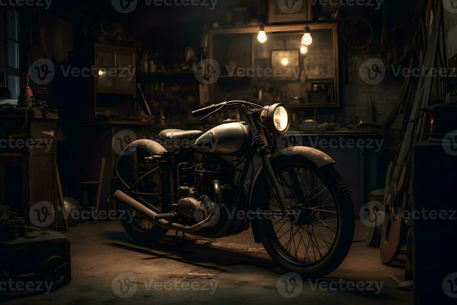 Old vintage motorcycle in the garage. Neural network AI generated photo