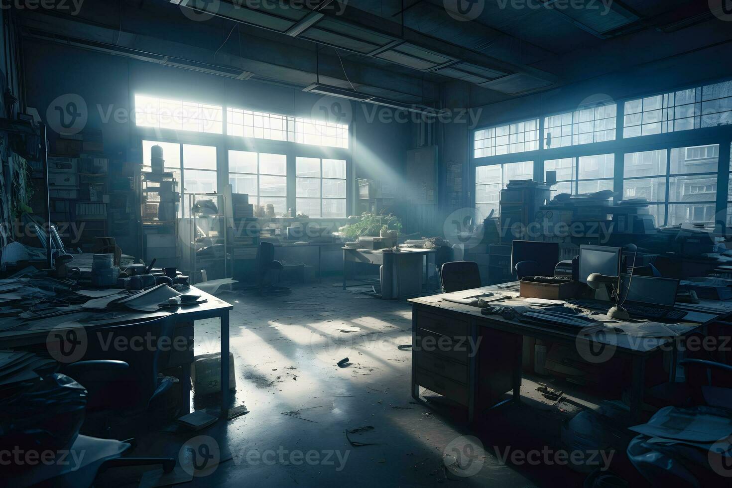 Messy abandoned office after company shut down the desk is cluttered and dusty, financial crisis concept. Neural network AI generated photo