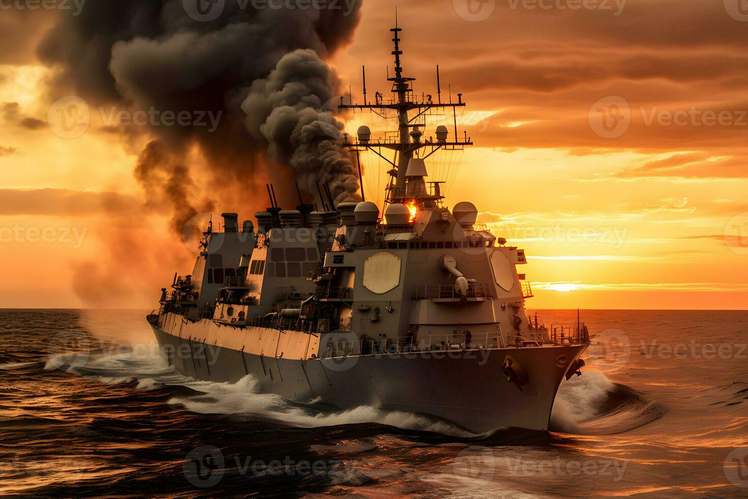 War concept. Night battle scene at sea. warship on fire. Neural network AI generated photo