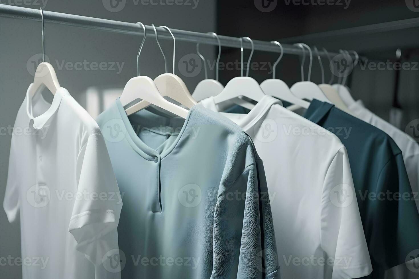 Clean clothes on hangers in the laundry room. Neural network AI generated photo