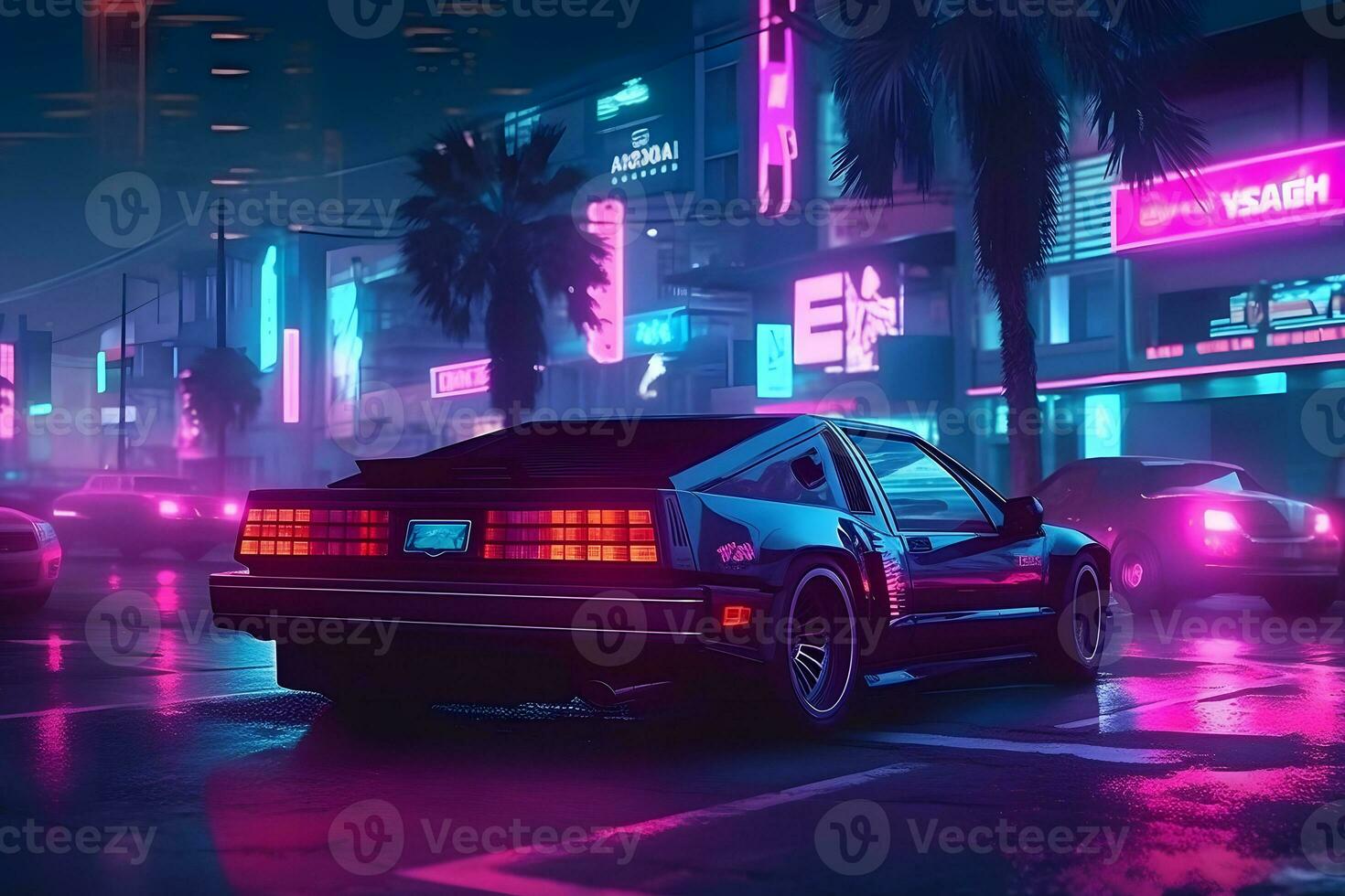 neon city synthwave retrowave style. Neural network AI generated photo