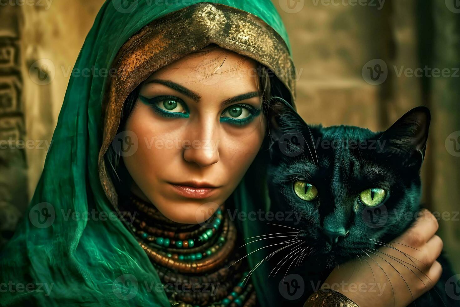 hermosa oriental mujer y negro gato. neural red ai generado foto