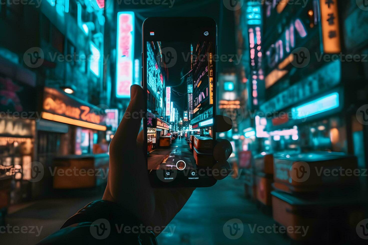 un mano con un teléfono toma imágenes de un japonés ciudad. neural red ai generado foto