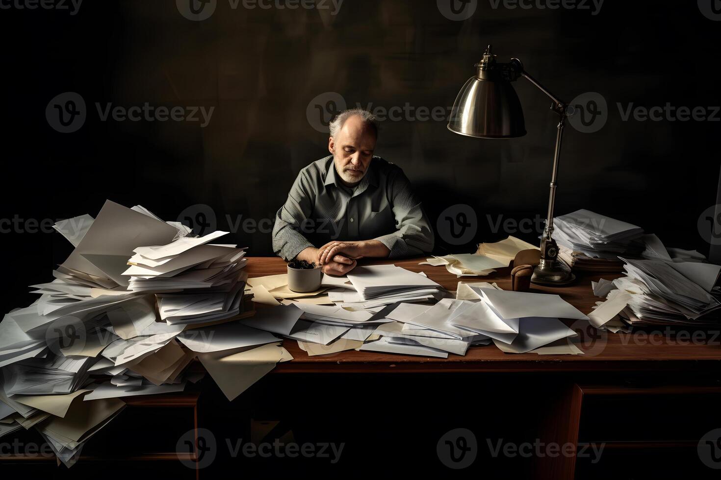 The many crumpled papers on desk of stressed male workplace. Neural network AI generated photo