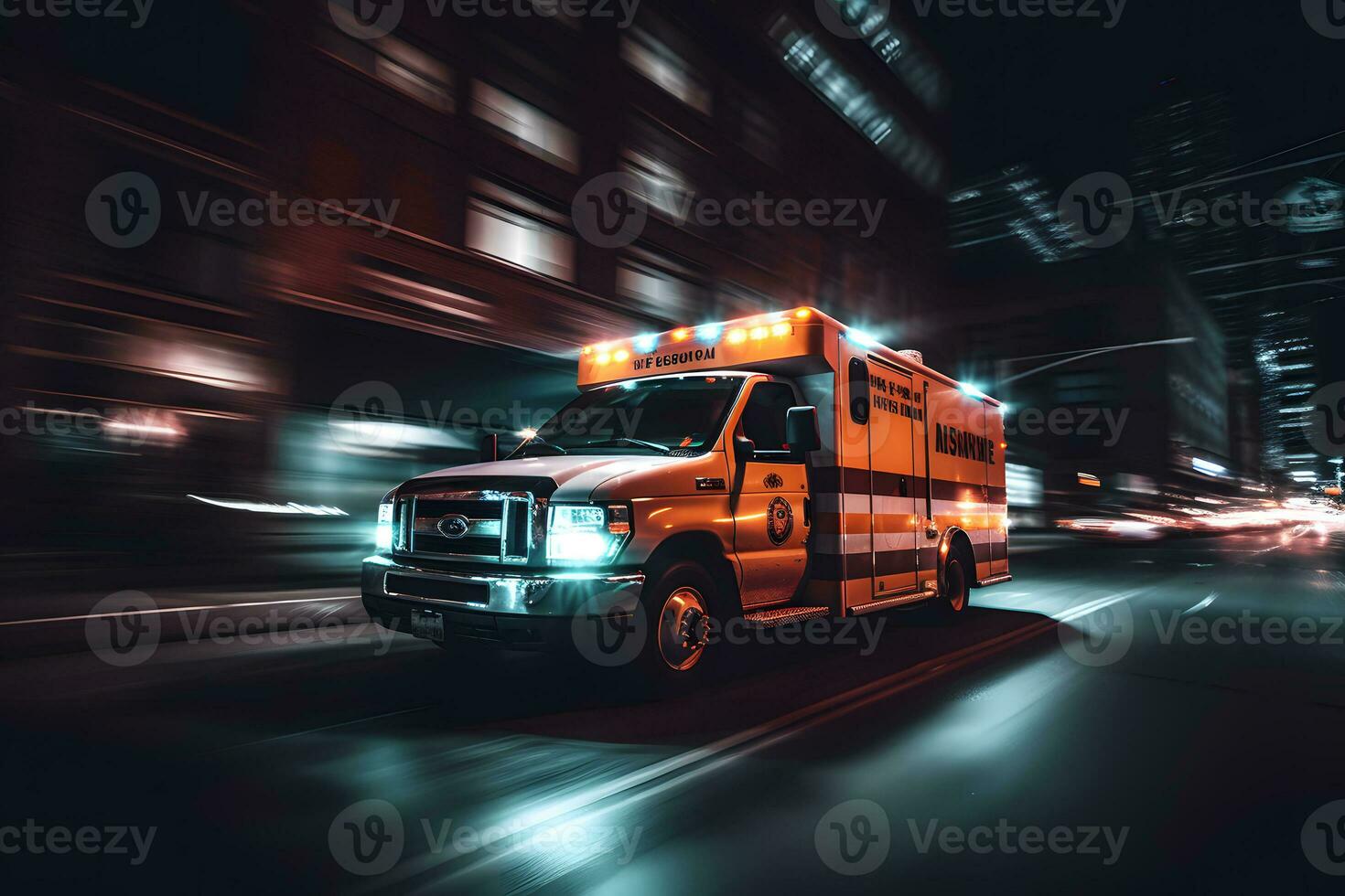 ambulance goes on the night rainy city. Neural network AI generated photo