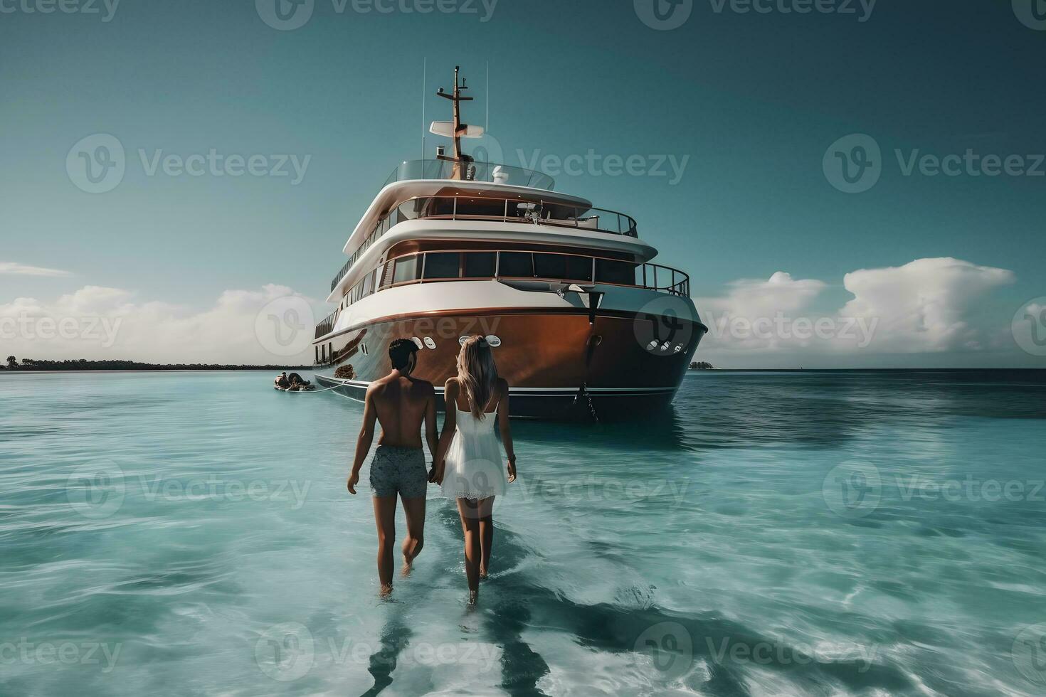 Pareja en vacaciones con un crucero barco. neural red ai generado foto