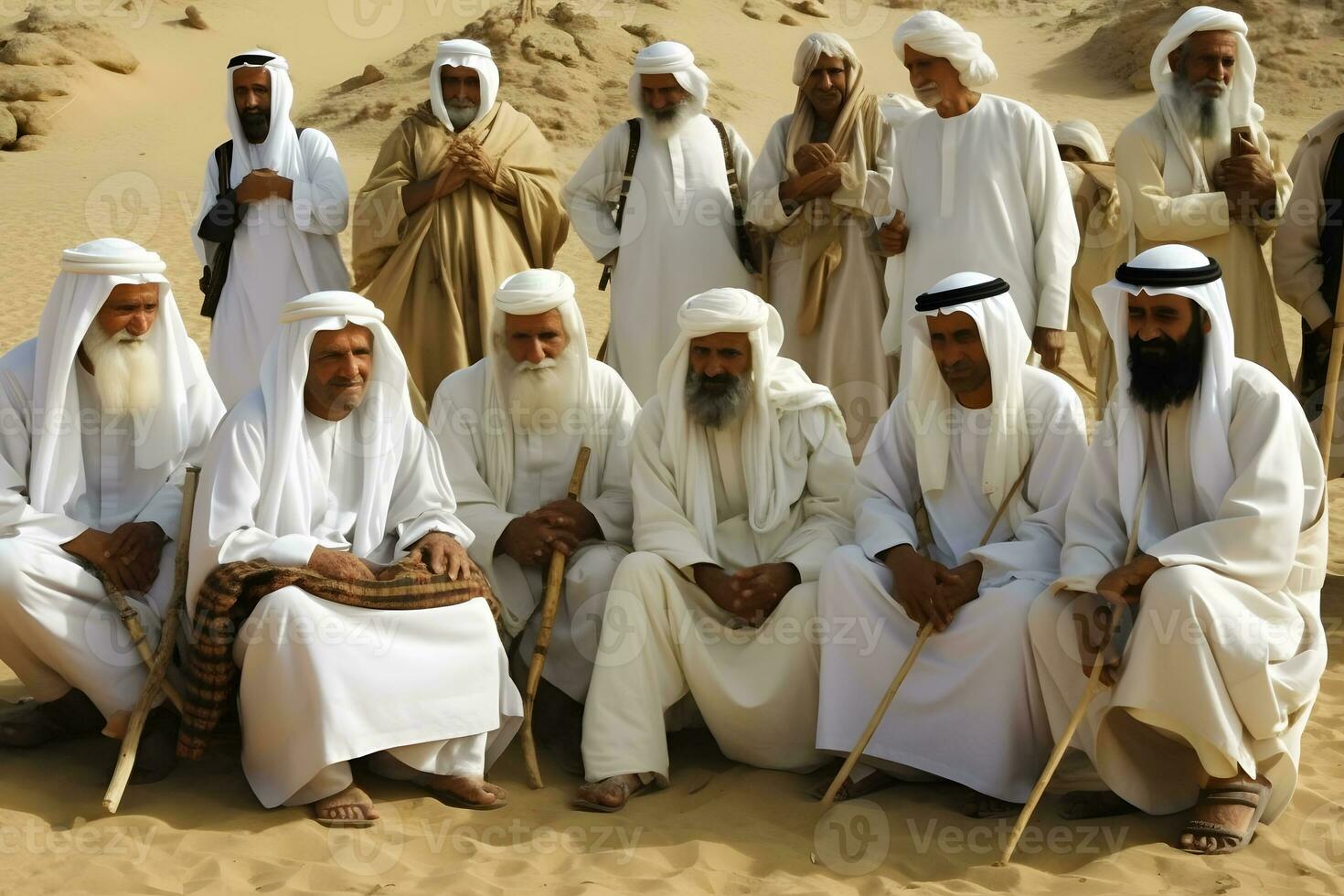 many arab men in the desert. Neural network AI generated photo