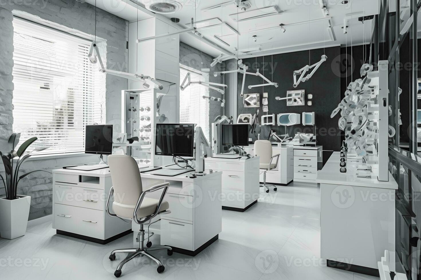 moderno innovador oftalmología gabinete en blanco colores. neural red ai generado foto