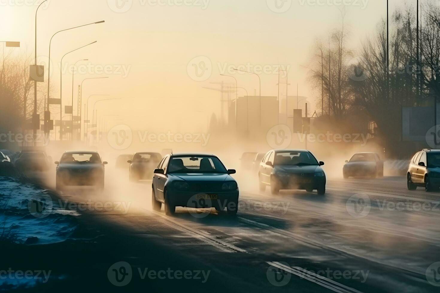 aire contaminación desde el cansada de carros en el ciudad durante el frío día, ambiental contaminación en el ciudad. neural red ai generado foto