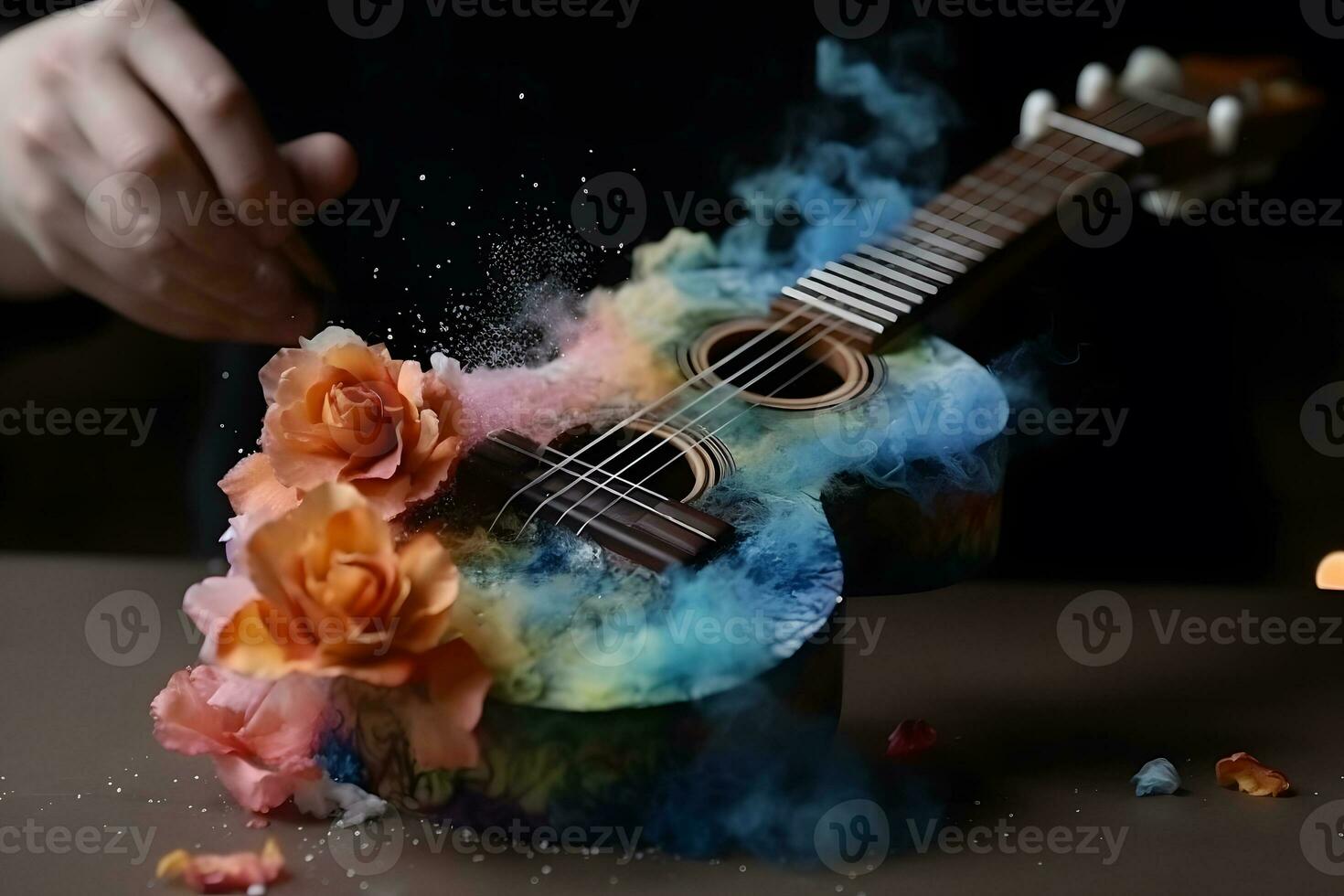 Abstract composition with a guitar and flowers on a dark background. Neural network AI generated photo