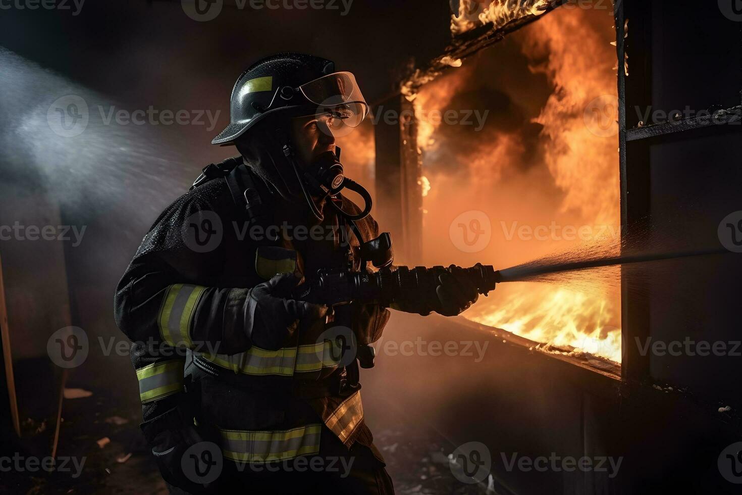 firefighters spraying water in fire fighting operation, Fire and rescue training school regularly. Neural network AI generated photo