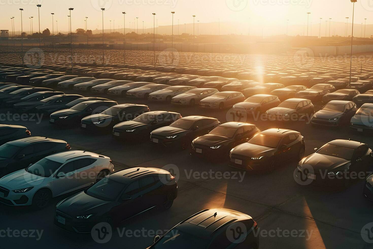 Car park at the end of the day. Car Dealer Inventory. Neural network AI generated photo