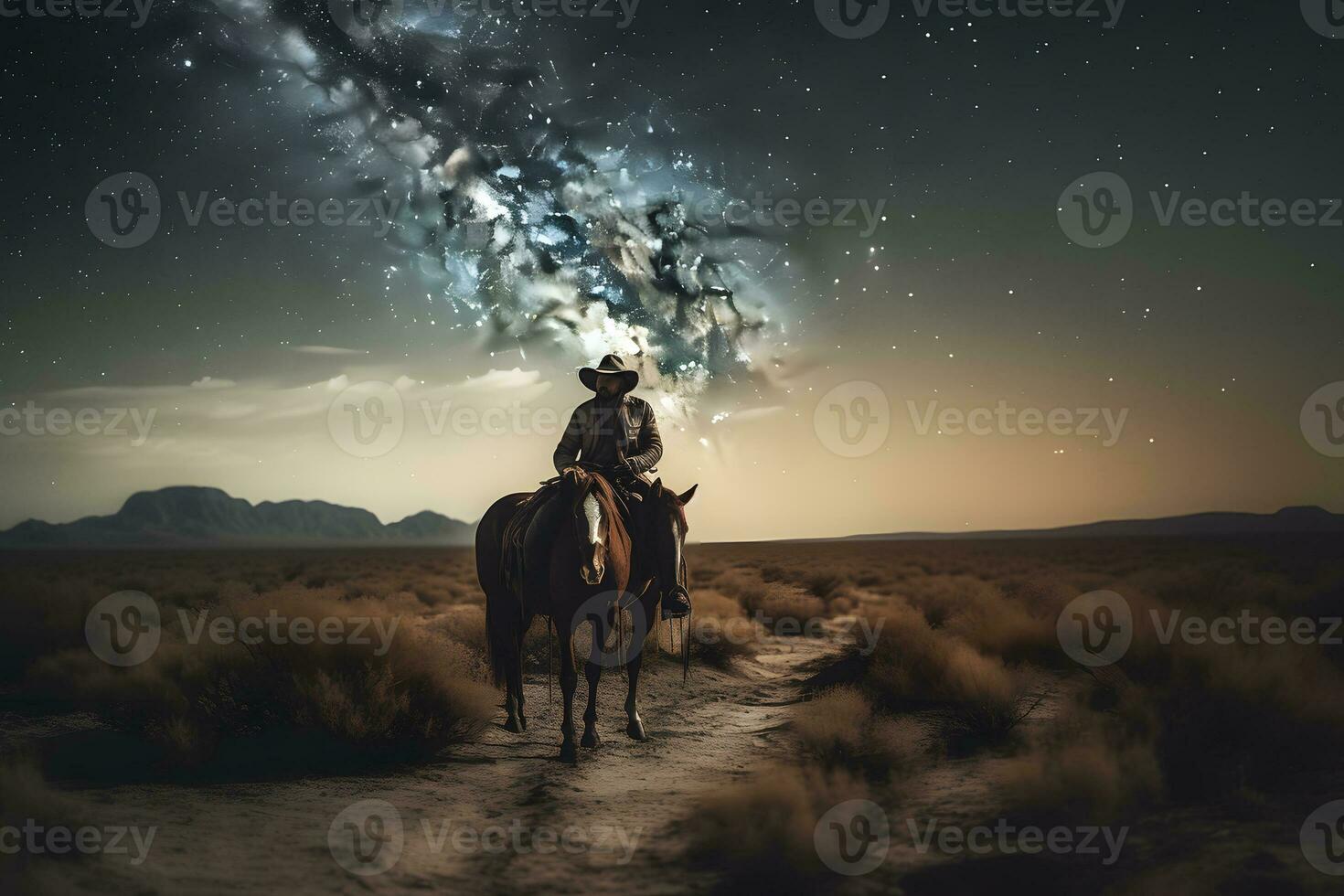 Landscape with Milky Way. Cowboy with his horse. Neural network AI generated photo