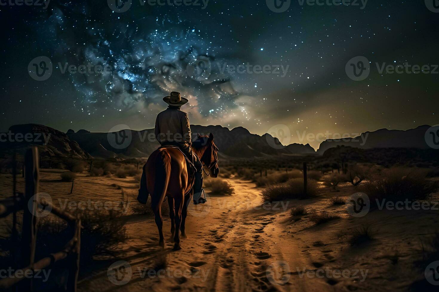 Landscape with Milky Way. Cowboy with his horse. Neural network AI generated photo