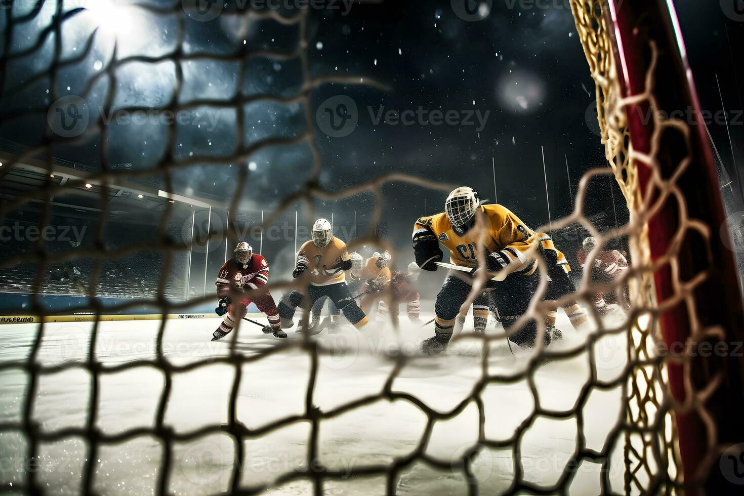 hielo hockey portero jugador en objetivo en acción. neural red ai generado foto