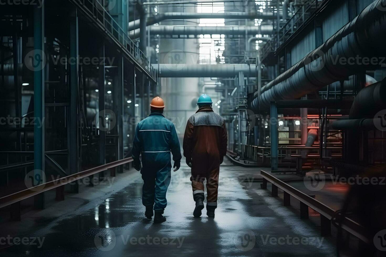 trabajo en equipo grupo de industrial trabajadores en un refinería petróleo Procesando equipo y maquinaria. neural red ai generado foto