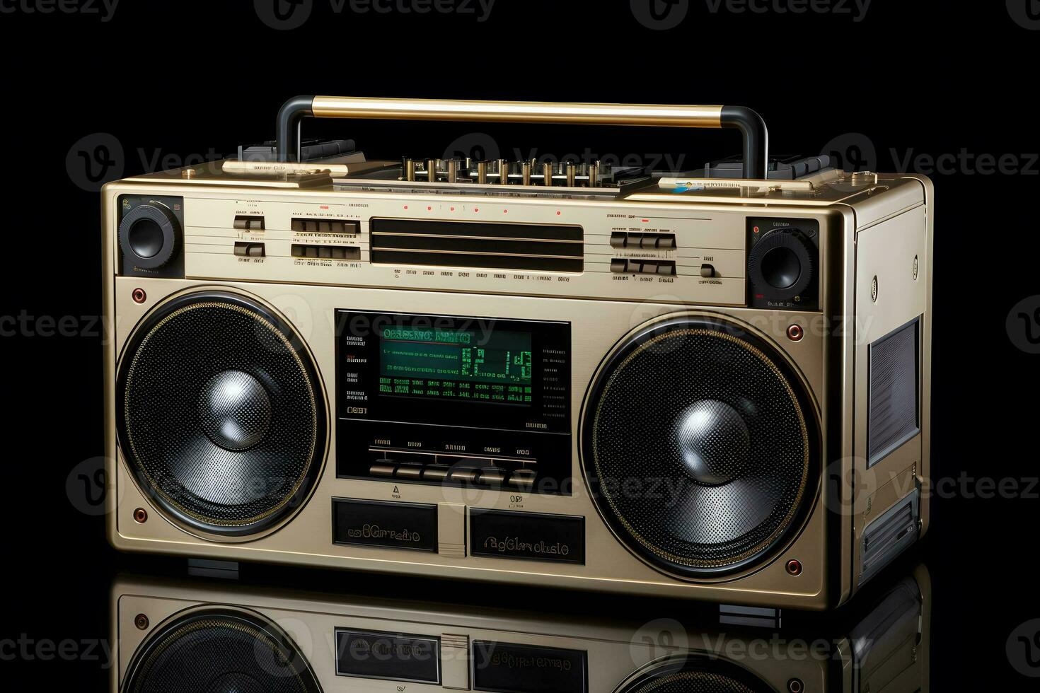 Retro outdated portable stereo boombox radio receiver with cassette recorder from circa late 70s. Neural network AI generated photo