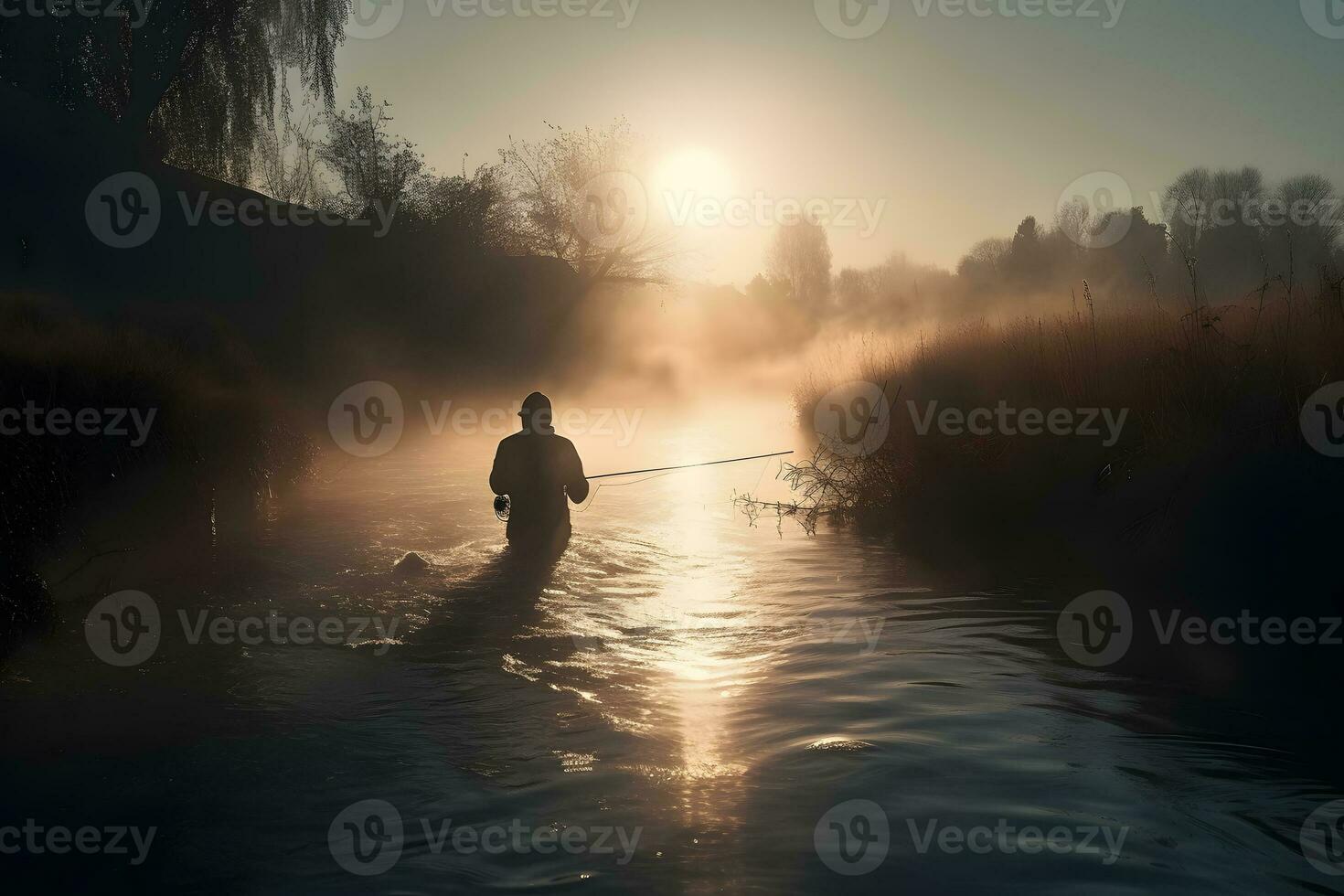 Fisherman by the lake at dawn. Neural network AI generated photo