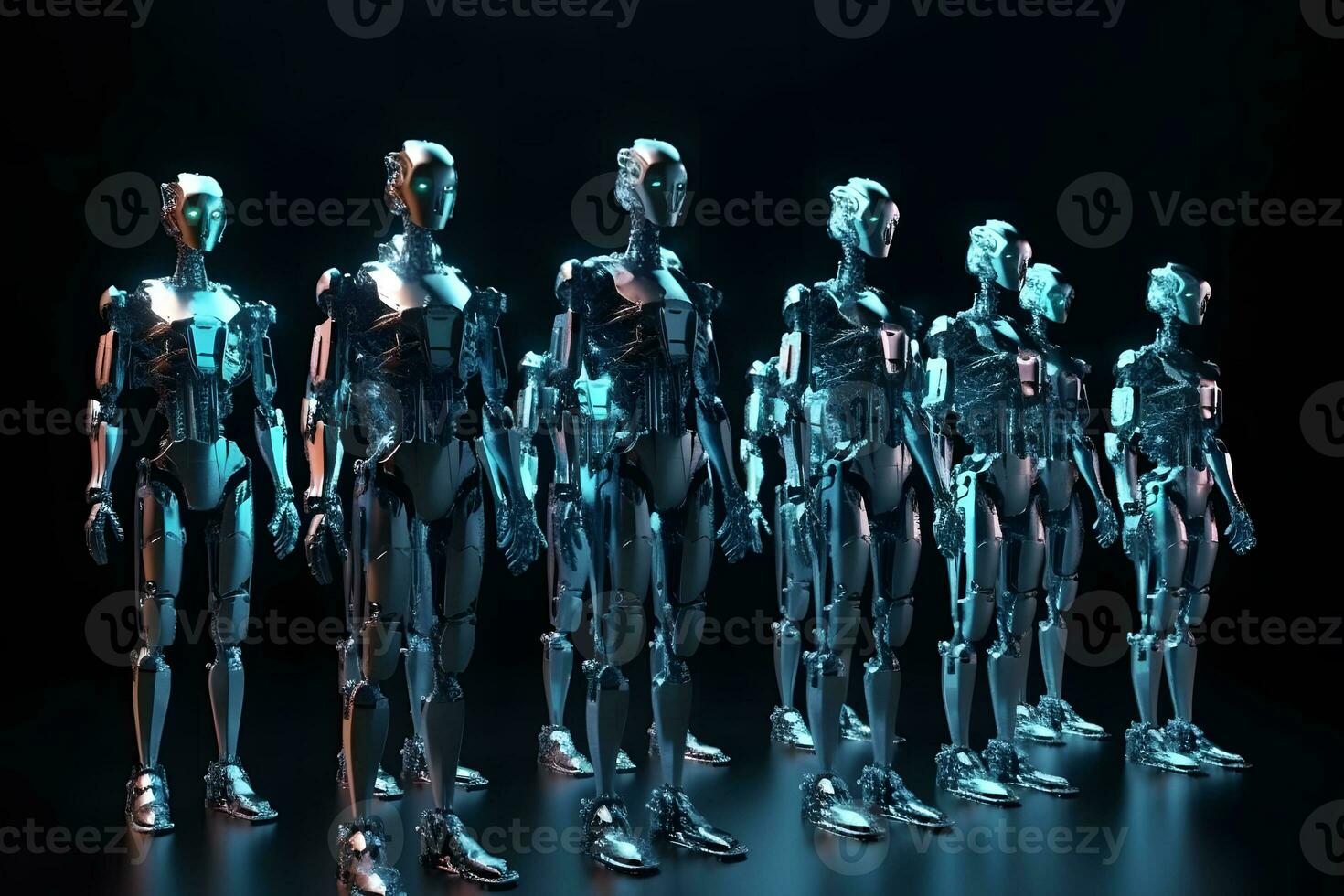 Robots stand in line. Neural network AI generated photo