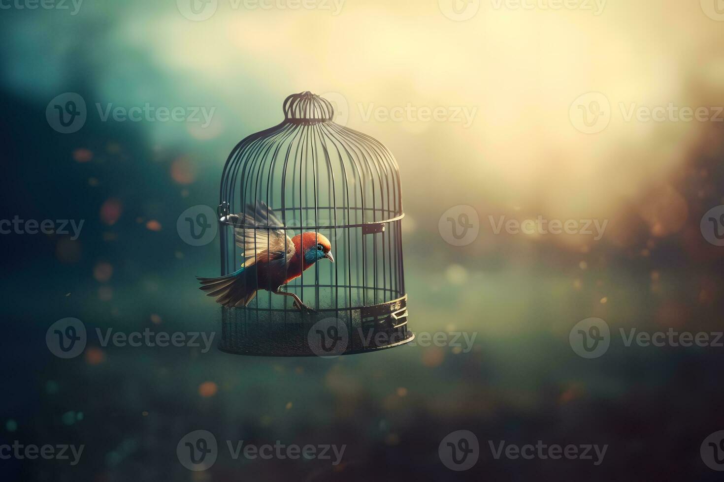 Bird in a cage. Neural network AI generated photo