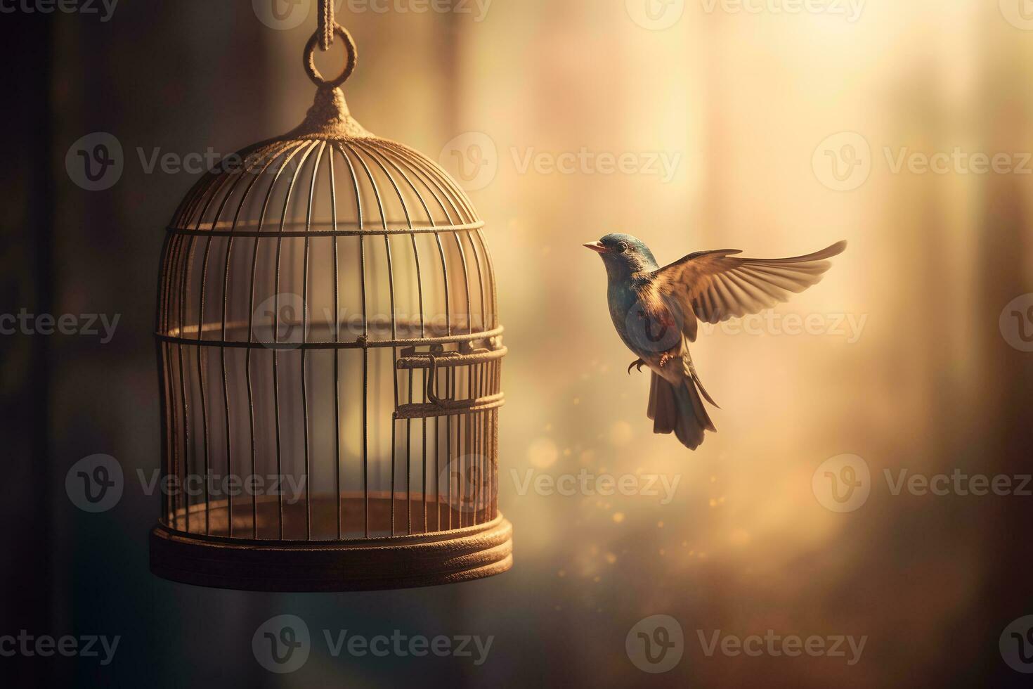 Bird in a cage. Neural network AI generated photo