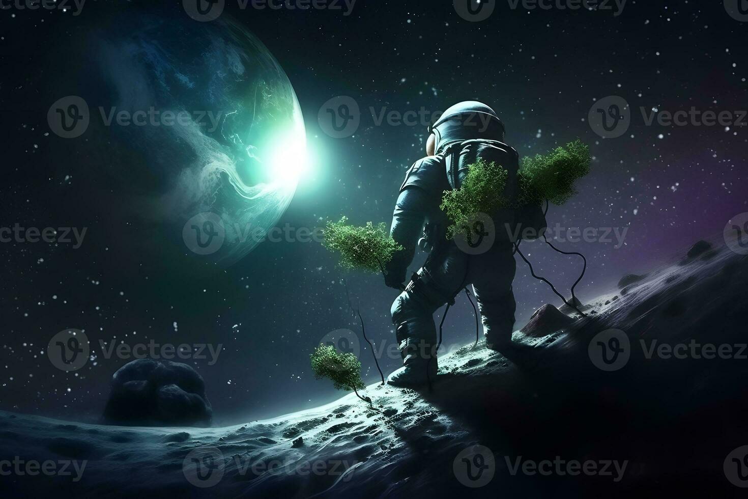 Astronaut planting a tree on the moon or mars. Neural network AI generated photo