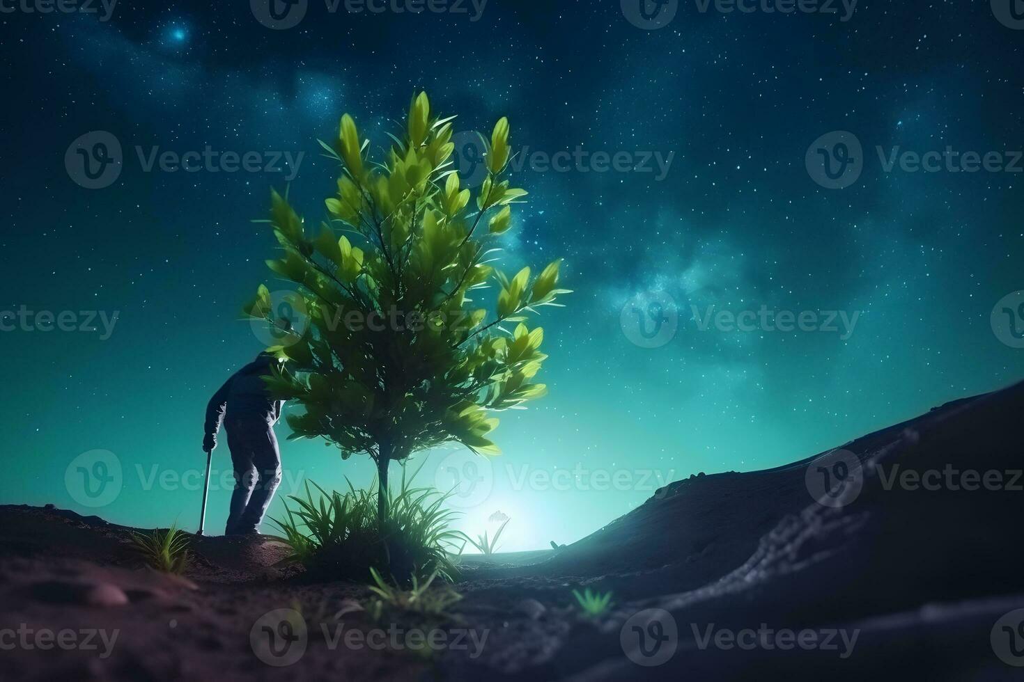 Astronaut planting a tree on the moon or mars. Neural network AI generated photo
