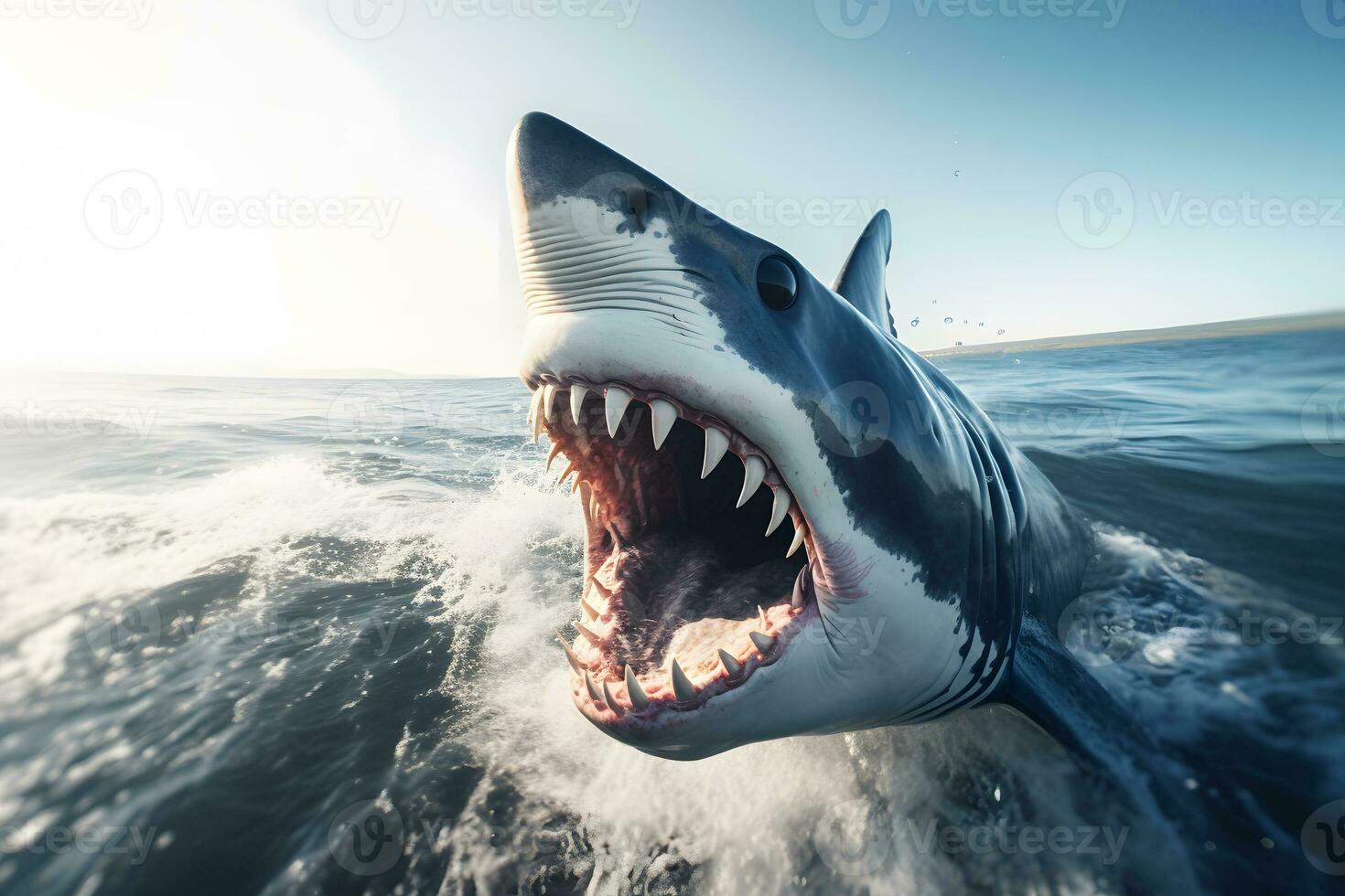 genial blanco tiburón posando en el profundo azul agua. neural red ai generado foto