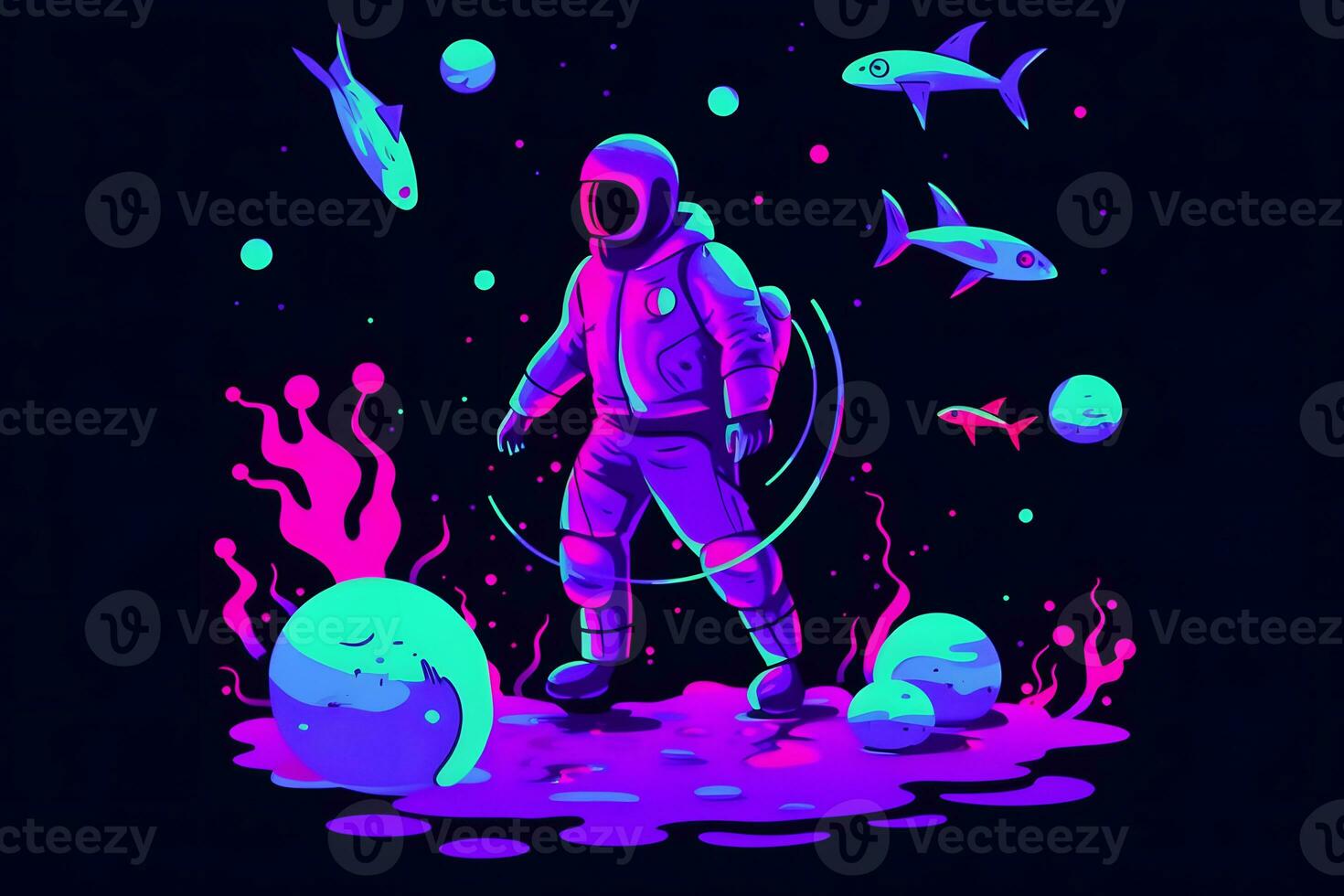 Astronaut and underwater world, psychedelic style. Neural network AI generated photo