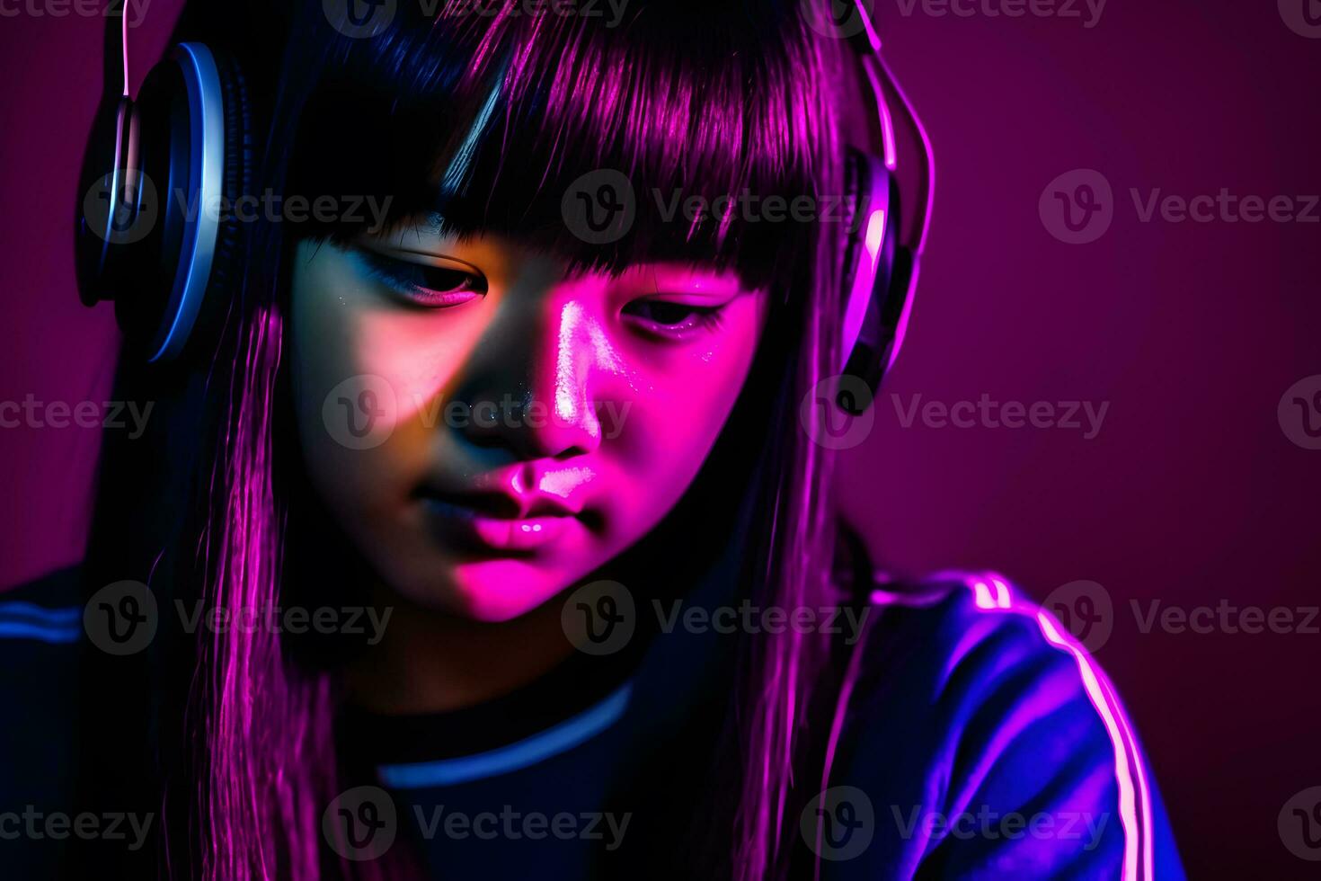 Girl listening to music with wireless headphones neon light. Neural network AI generated photo